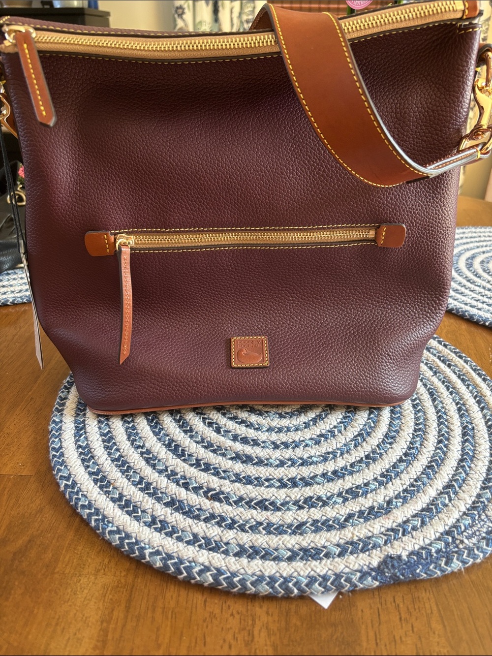 Dooney & Bourke Maroon Pebbled Leather Sac with Tan Trim